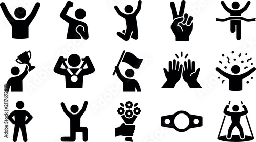 Set of 15 Victory and Achievement Icons Representing Success and Celebration