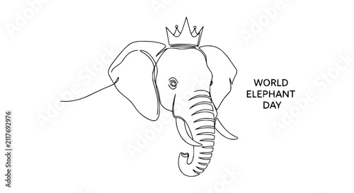Quadro su tela Single line drawing of an elephant head with crown for World Elephant Day