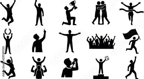 Victory and Celebration Silhouettes Set: Success, Winning, and Achievement Icons