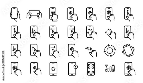 Mobile Phone Hand Gesture Outline Icons Editable Stroke Vector Set