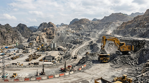 Obraz na płótnie Large open pit mining operation with heavy machinery 1.