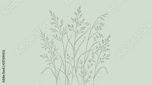 Delicate Grasses Sketch on Pale Green Background