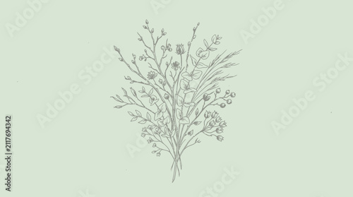 Delicate Botanical Sketch of Wildflowers on Pastel Green Background