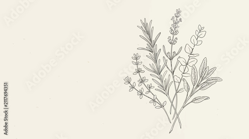 Line Art Botanical Sketch of Herbs and Flowers on Cream Background