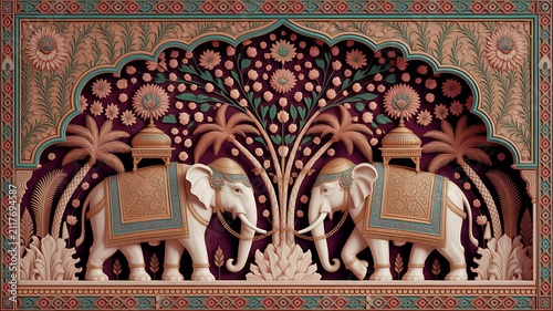 Indian mughal miniature painting style procession of sultans riding elephants