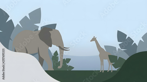 Wildlife safari elephant giraffe savanna nature Africa landscape illustration Safari wildlife scene with elephant and giraffe savanna nature landscape, Africa, calm atmosphere, minimal flat