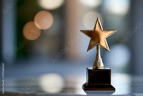 Shiny gold star trophy resting on a reflective surface in a blurred office setting, symbolizing achievement