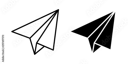 Paper plane icon in outline and solid style, isolated on white background. Ideal for send, message, email, and communication related features in mobile and web design.