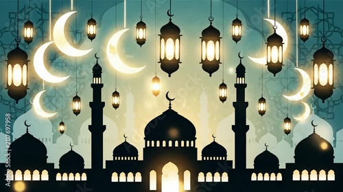 Beautiful silhouette of a mosque with glowing lanterns and crescent moons for Islamic celebration