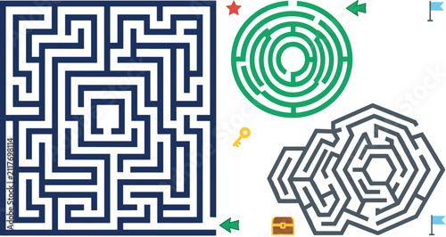 Bild auf Leinwand Maze Puzzle Collection with Square Circular Hexagonal Labyrinths Navigation Chal