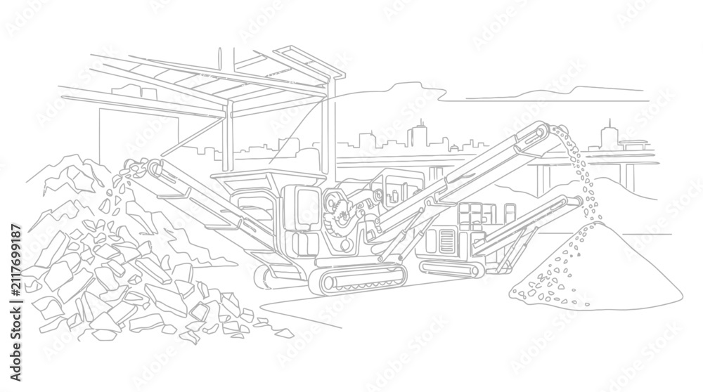 Fototapeta premium Line art illustration of a mobile industrial rock crushing machine processing construction materials.