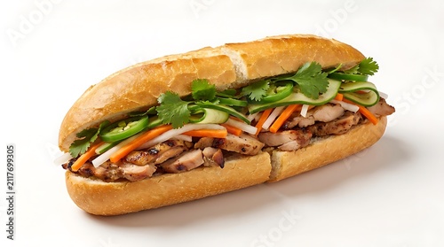 Fresh delicious vietnamese banh mi sandwich with grilled pork. chicken banh mi sandwich thigh