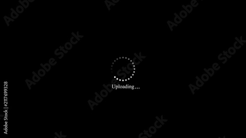 Uploading text with circular dots buffer loading animation on black background