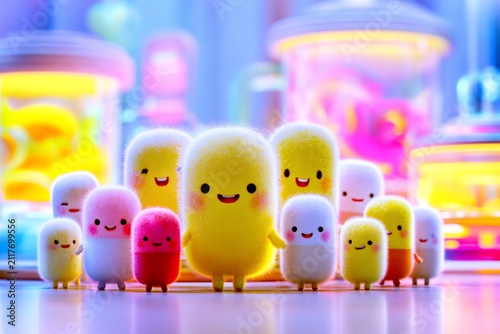 Cute fluffy cartoon characters standing together in a vibrant, colorful laboratory setting, representing teamwork and innovation in science.