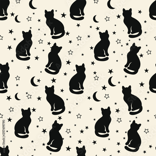 Black Cat Seamless Pattern with Moon and Stars Halloween Background