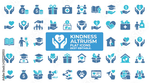 Quadro su tela Set of kindness and altruism flat icons featuring charity, donation, community s