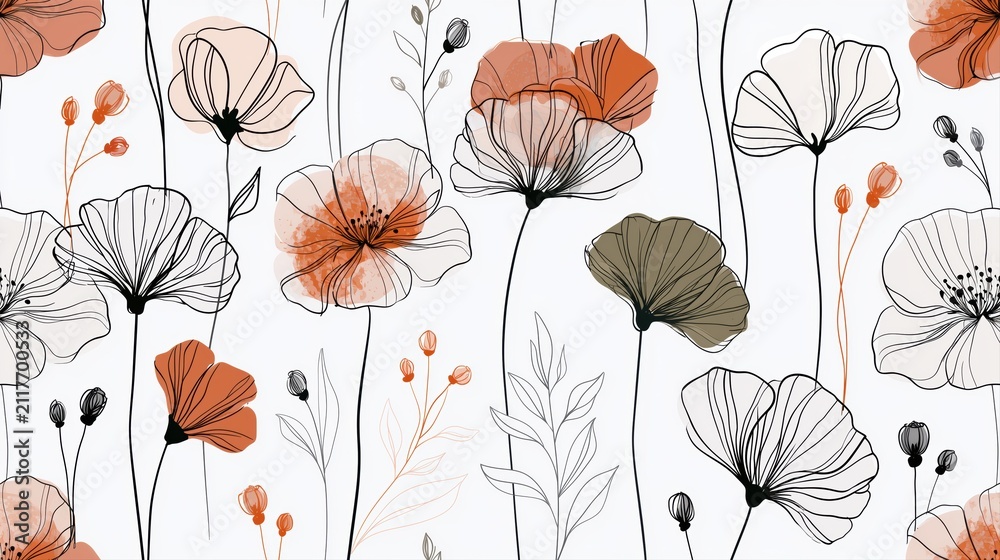 Obraz premium Minimal botanical line pattern with orange poppy flowers and black sketch stems on white for wallpaper, packaging, stationery, and print.