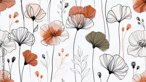 Minimal botanical line pattern with orange poppy flowers and black sketch stems on white for wallpaper, packaging, stationery, and print.

