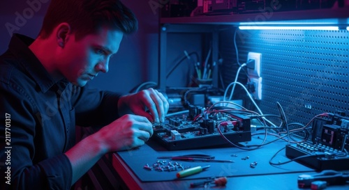 Focused Young Man Working On Electronic Circuit Board In Low Light Modern Workshop Environment