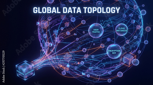 Global data topology visualization featuring blockchain network infrastructure and encrypted cloud instances for international telecommunication