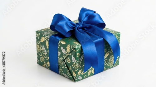 A single gift box wrapped in decorative floral paper with a large bright blue satin ribbon bow isolated on white isolated on white background