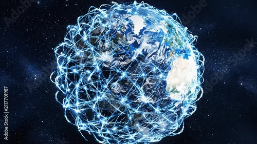 View of planet Earth from space with digital communication lines