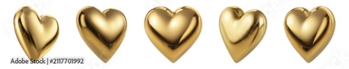 Photography Golden 3D hearts collection, set of 5 metallic heart icons, glossy gold love sym