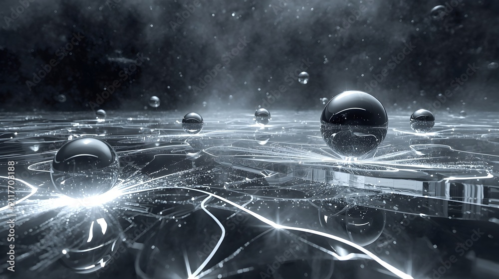 Fototapeta premium Abstract Dark Metallic Spheres and Light Ray Lines Concept Background for Tech