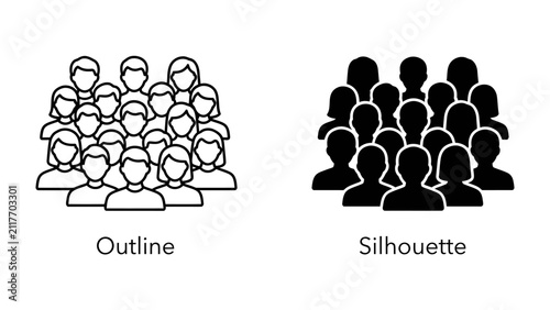 Group Diversity: An illustration displaying two distinct groups of people, one rendered in an outline style and the other as a solid silhouette, representing human diversity and unity.