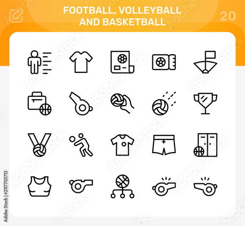 Football volleyball and basketball icon set. Editable icon set. Professional and modern icon collection vector illustration featuring referee whistle symbols.