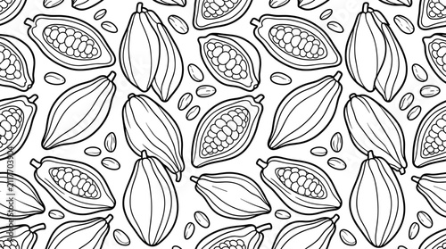 Black and White Vector Illustration of Cacao Pods and Beans, Seamless Pattern for Coloring Pages or Design Elements, Simple Line Art Graphic