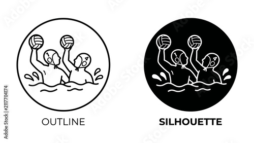 Foto Water Polo Duo Icon: A stylized graphic representing water polo players, shown in both an outline and silhouette version, in a circular emblem