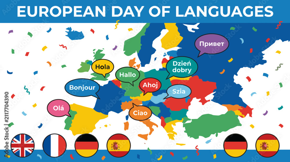 Naklejka premium Colorful Europe map with circular flag icons for linguistics.