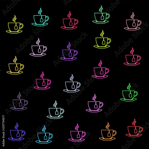 Colorful Neon Tea Cup Icons Set with Tea Bag Isolated on Black Background