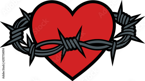 Symbolic illustration of a vibrant red heart encircled by sharp, grey barbed wire, conveying themes of emotional struggle, pain, constraint, and enduring love against adversity