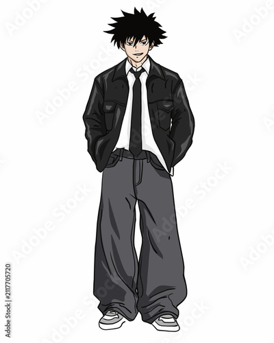 Anime boy in modern streetwear with black jacket, tie and baggy pants. Flat vector character isolated on white background.