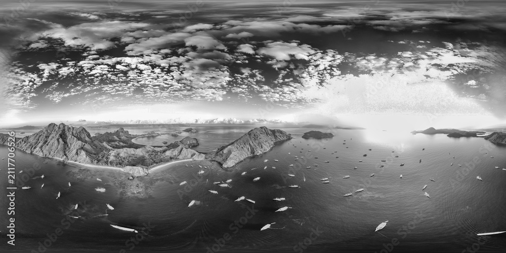 Obraz premium 360 degrees aerial panorama of Padar Island Komodo National Park at sunrise in black and white