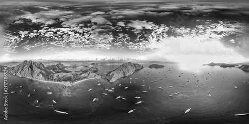 360 degrees aerial panorama of Padar Island Komodo National Park at sunrise in black and white