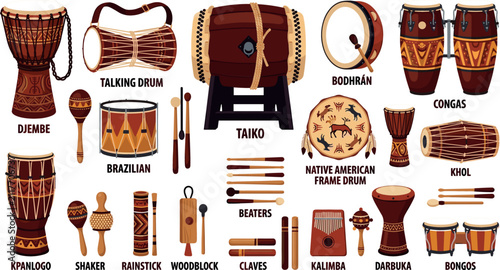 Foto Traditional Ethnic Drums and Percussion Instruments Icon Set Featuring World Mus