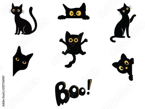 Obraz na płótnie Black cat halloween silhouette sticker set with yellow eyes and boo text on background