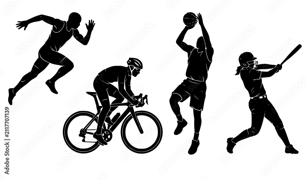 Obraz premium Four Sporty People Running Cycling Basketball and Softball Black Silhouette Vector Set