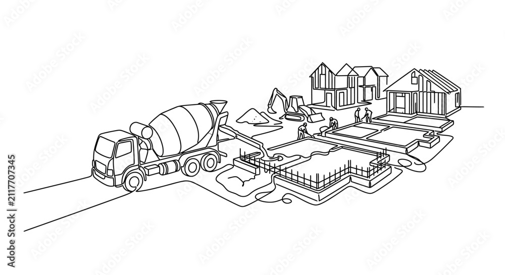 Obraz premium Continuous line drawing of a construction site with a concrete mixer truck and houses.