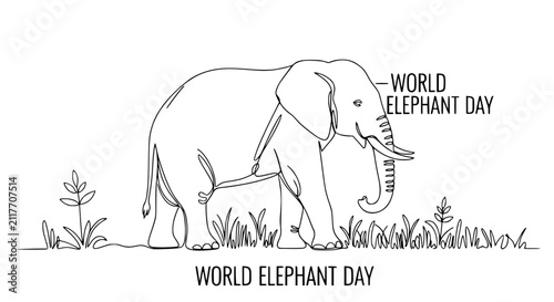 Foto World Elephant Day illustration: Outline of an elephant in grass, text World El