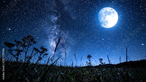 Stunning night landscape with full moon and milky way galaxy above field