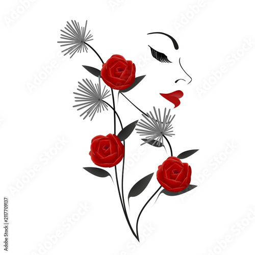 A bouquet of roses with a silhouette of a girl's face on a white background..eps