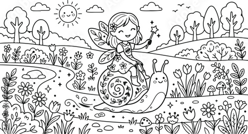 Cute Fairy Riding Snail Through Magical Flower Garden Coloring Page