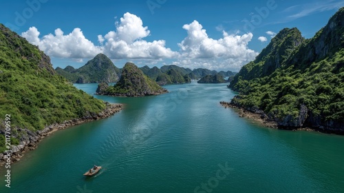 Scenic aerial view of islands and ocean under a bright blue sky with clouds