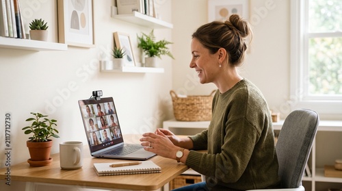 Engaging teacher video calling students in a cozy home office setup