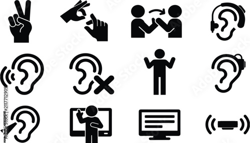 Minimalist continuous line art vector icon set of sign language and hearing accessibility symbols on white background