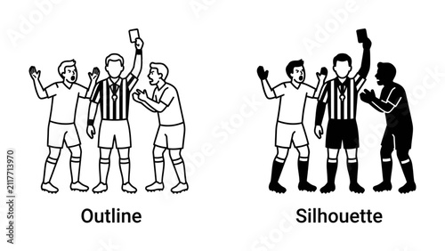 Cuadro en lienzo Soccer Referee Issuing Red Card: Two illustrations depict a soccer referee issuing a red card to a player, showcasing both an outline and a silhouette version for varied design needs